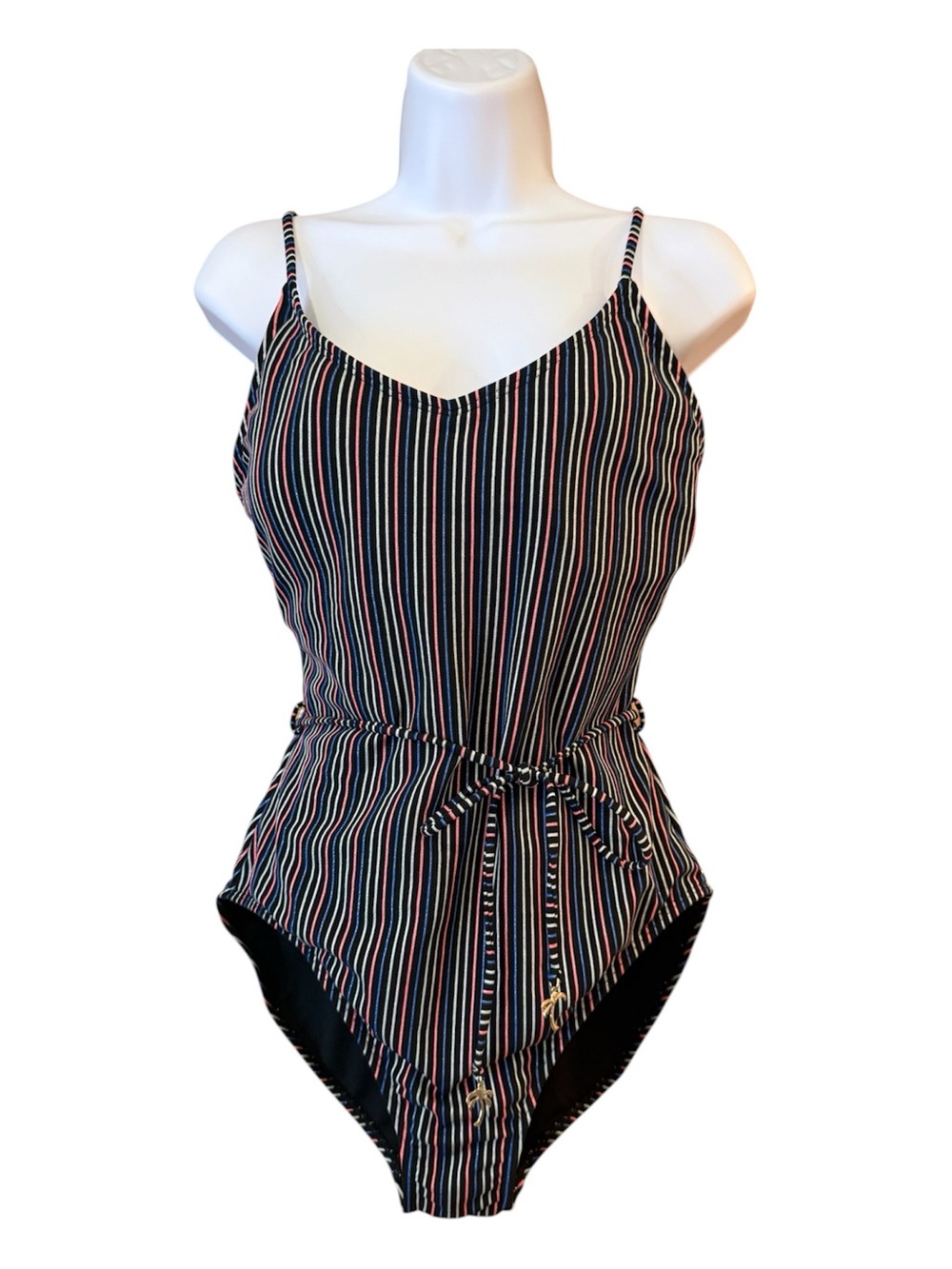Juniors Large One Piece Swimsuit Black Multicolor Stripe Belted Palm Tree Charms